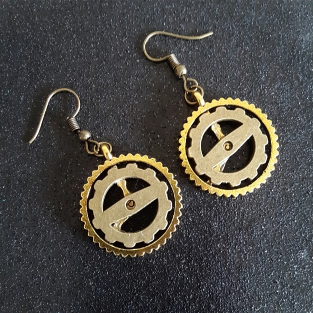 Steampunk gears bronze and gold dangle earrings new handmade